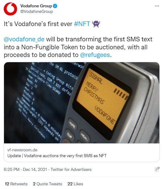 英國(guó)沃達(dá)豐公司也表示，計(jì)劃將拍賣(mài)所得全部捐贈(zèng)給聯(lián)合國(guó)難民署，以支持那些被迫逃離家園的人。(圖片來(lái)源：英國(guó)沃達(dá)豐公司社交媒體截圖)