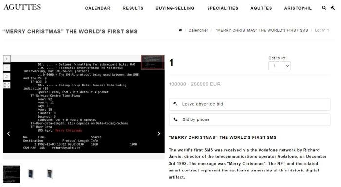 法國(guó)阿古特拍賣(mài)行網(wǎng)站上，世界第一條短信的拍賣(mài)信息。圖片來(lái)源：阿古特拍賣(mài)行網(wǎng)站截圖