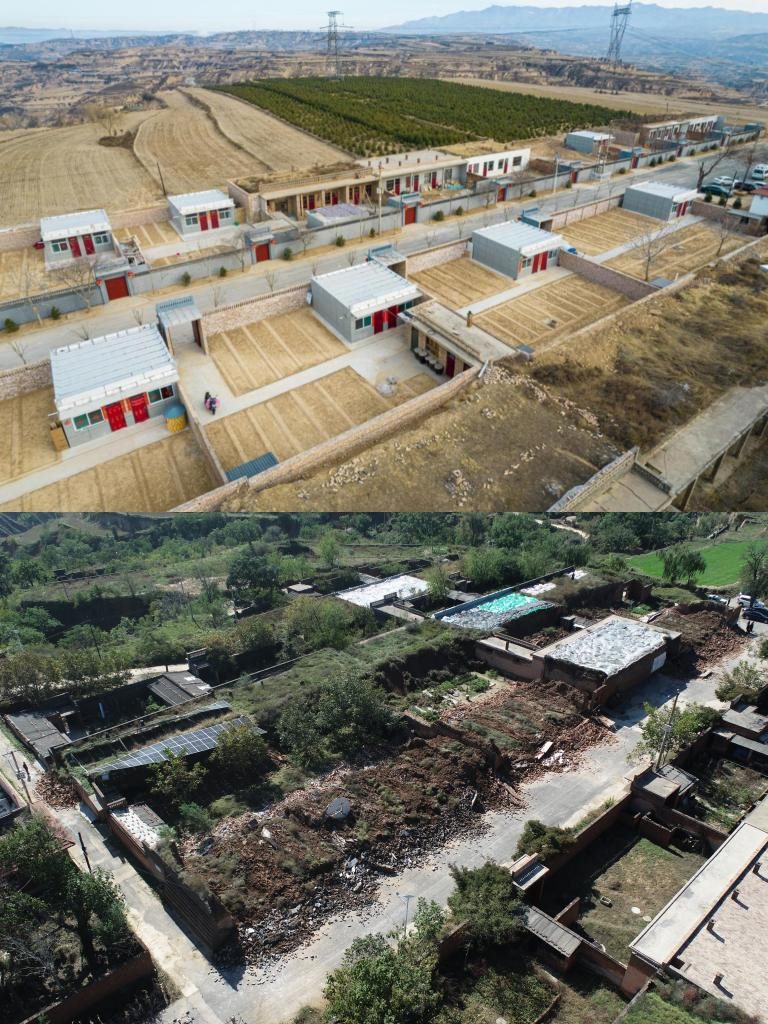 拼版照片，上圖是2022年1月山西省霍州市師莊鄉(xiāng)馮南垣村災(zāi)后恢復(fù)重建后的場(chǎng)景，下圖是2021年10月村莊因?yàn)?zāi)受損的場(chǎng)景。(霍州市委宣傳部供圖)