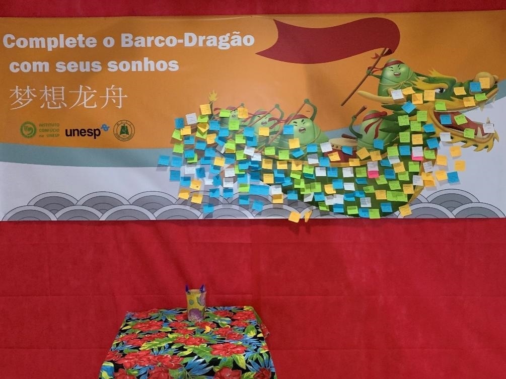 活動(dòng)現(xiàn)場(chǎng)設(shè)置了“夢(mèng)想龍舟”環(huán)節(jié)，大家將自己寫下的心愿貼在“龍舟”上，期盼“龍舟”承載自己的夢(mèng)想駛向更美好的未來。（圣保羅州立大學(xué)孔子學(xué)院供圖）