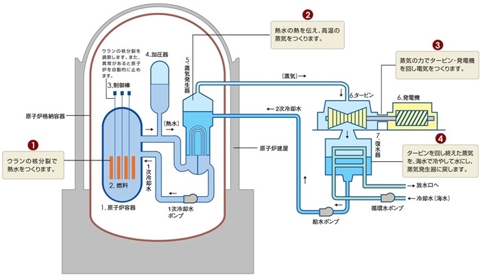 核電站運作原理圖。通常的核電站排水未直接接觸核燃料。（圖片來源：日本北海道電力株式會社網(wǎng)站）
