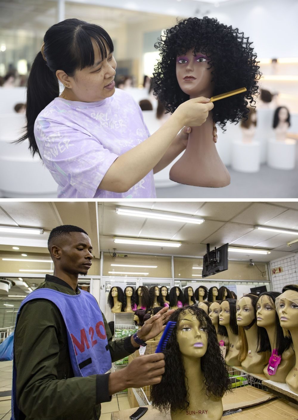 拼版照片：上圖為2023年5月25日，工人在湖南邵陽陽光發(fā)品有限公司展廳展示假發(fā)（新華社記者薛宇舸攝）；下圖為2023年6月9日，一名店員在湖南邵陽陽光發(fā)品有限公司位于南非約翰內(nèi)斯堡的店鋪內(nèi)展示假發(fā)（新華社記者張譽東攝）。新華社發(fā)