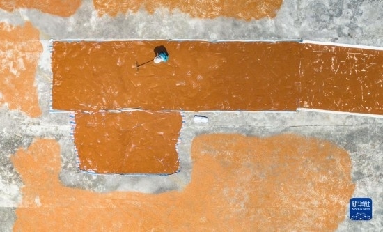 9月16日，農(nóng)民在貴州省安順市西秀區(qū)大西橋鎮(zhèn)吉昌村晾曬高粱（無人機照片）。