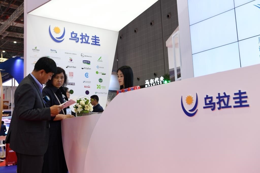 2019年11月6日，參觀者在第二屆進(jìn)博會(huì)烏拉圭國家館展臺(tái)咨詢。