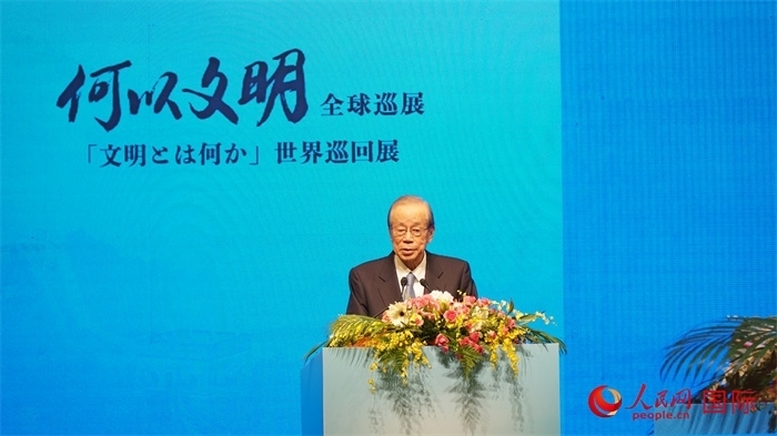 日本前首相福田康夫致辭。人民網(wǎng) 蔣曉辰攝