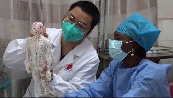 嘉興市中醫(yī)醫(yī)院郝亞波給當(dāng)?shù)刂种v解中醫(yī)經(jīng)絡(luò)。新華社發(fā)