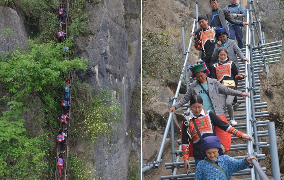 “懸崖村”今昔對(duì)比：左圖為2016年5月14日，“懸崖村”的孩子們攀爬木梯回家。右圖為2020年5月13日，“懸崖村”村民帶著行李通過(guò)鋼梯下山，搬遷至易地扶貧集中安置點(diǎn)的新家。