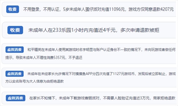 “人民投訴”用戶舉報身份認證成擺設、大額充值無提醒、提供證據(jù)被駁回、商家設置退款障礙等未成年人網(wǎng)游消費亂象。（“人民投訴”平臺截圖）