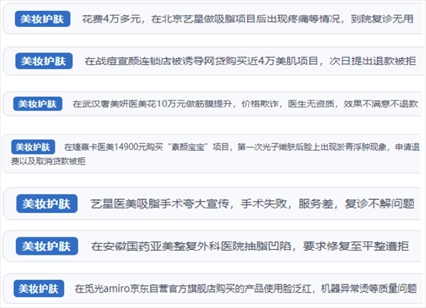 “人民投訴”用戶舉報醫(yī)美未達預期效果或?qū)е律眢w損傷退款遭拒、機構及服務人員虛假資質(zhì)、被誘導高額醫(yī)美貸、網(wǎng)購美容儀器質(zhì)量不過關等問題。（“人民投訴”平臺截圖）
