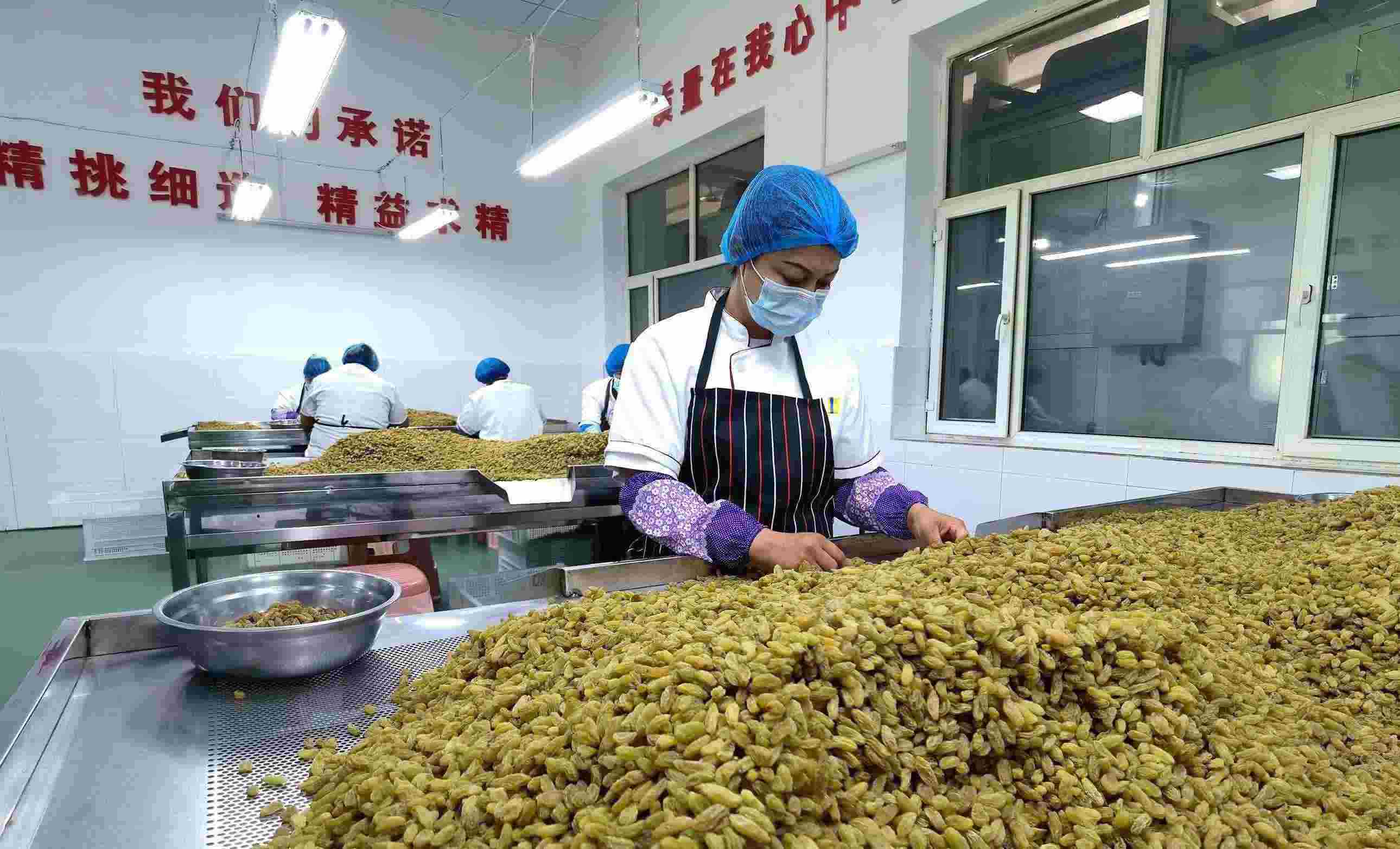 新疆吐魯番市高昌區(qū)亞爾鎮(zhèn)新城西門村，村民們在分揀葡萄干。