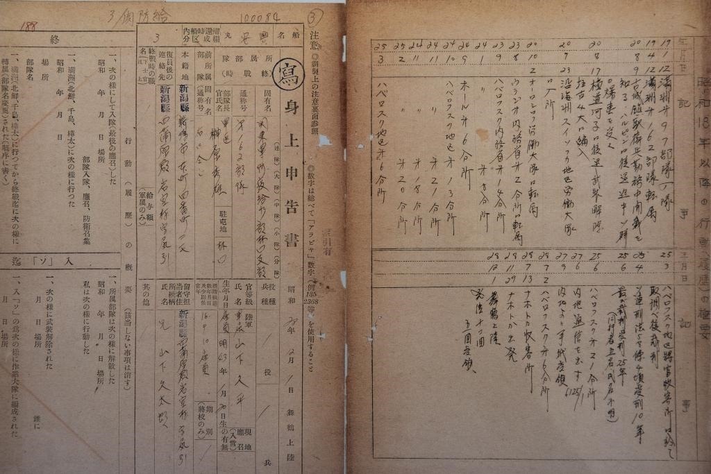 這是7月5日在侵華日軍第七三一部隊(duì)罪證陳列館拍攝的731部隊(duì)林口162支部《身上申告書》（影印件）。新華社記者 張濤 攝