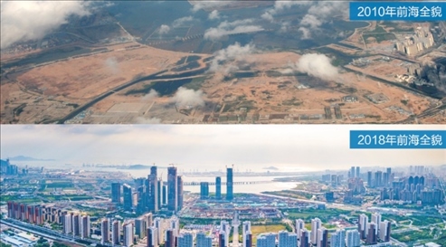 △在前海石公園的前海開發(fā)開放成果展示墻上，一張八年間的前海全貌對(duì)比圖。