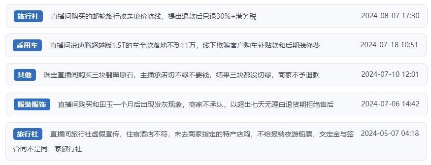 近期網(wǎng)友涉及直播購物相關投訴問題。（“人民投訴”用戶投訴截圖）