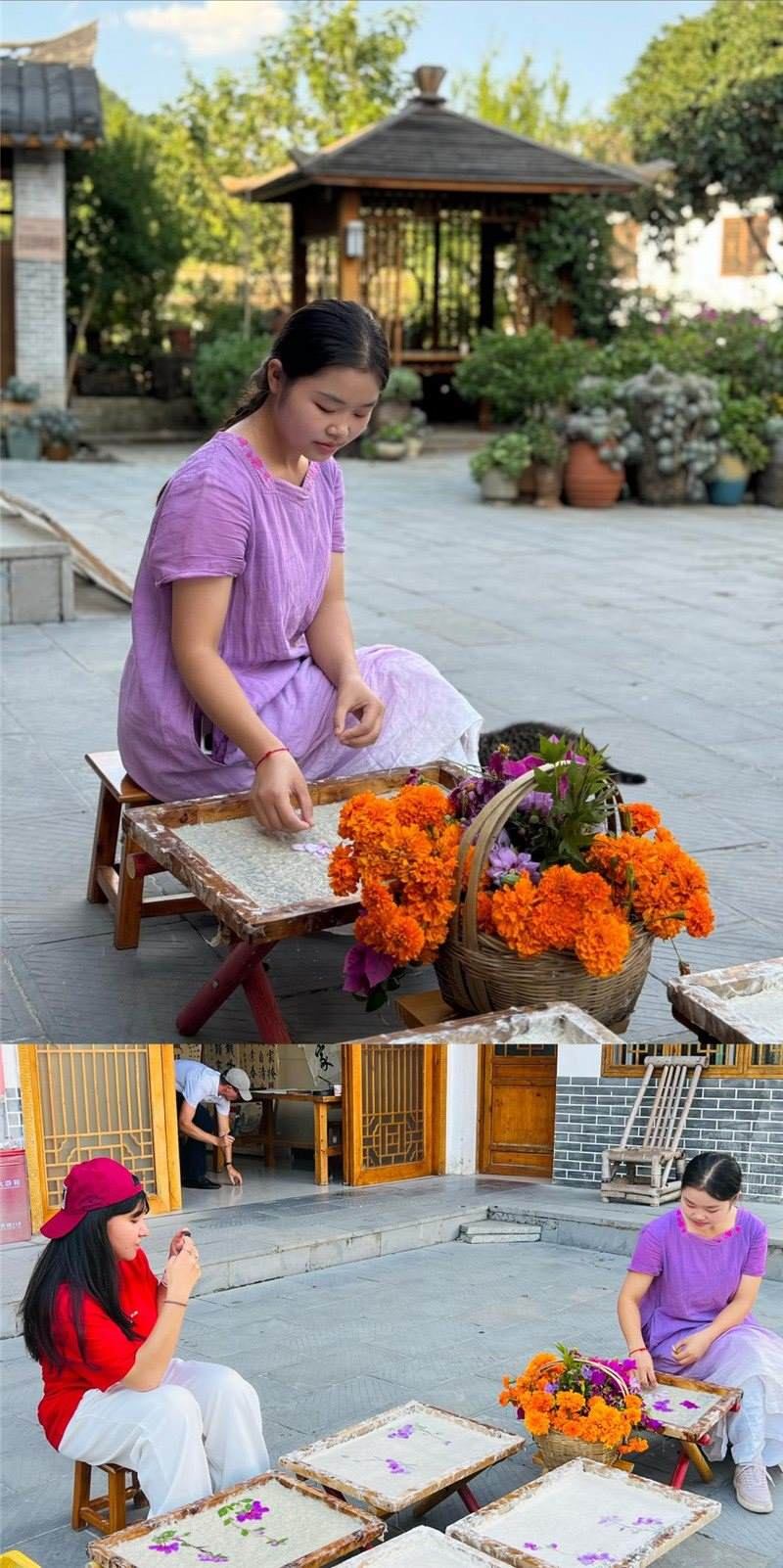 沒有女生不愛花。以古法造紙技藝為基礎，再輔以花草枝葉勾勒各式圖案，創(chuàng)作出花茂村獨具特色的紙漿壓花畫，少女手中的花是她眼中的風景，而她與正在制作的紙漿壓花畫也是別人眼中的風景。（哈薩克斯坦BAQ通訊社高級記者古爾詹·拉曼庫洛娃、張亞欣攝）