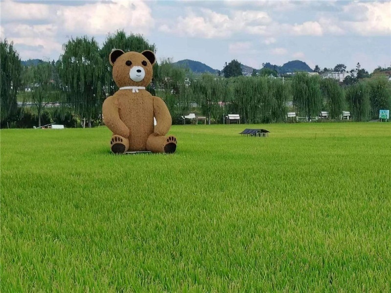 稻穗搖曳，垂柳依依，山嵐多姿，好一幅歲月靜好山鄉(xiāng)恬靜圖。這憨厚俏皮的熊玩偶造型，像是亂入其中，形成現代與傳統(tǒng)、好動與寧靜的反差感，讓人過目不忘，也讓人莞爾一笑。（哈薩克斯坦鳳凰24新聞社總編輯兼首席執(zhí)行官克馬爾·馬山羅攝）