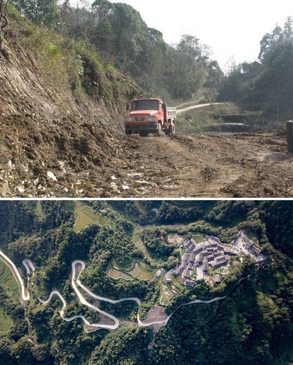 拼版照片：上圖為2011年12月拍攝的湖南省湘西土家族苗族自治州花垣縣十八洞村進村道路；下圖為2019年9月拍攝的十八洞村及進村道路。