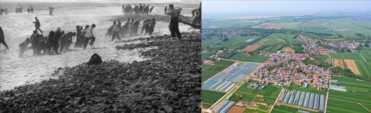 拼版照片：左圖為蘭考群眾在拉淤土壓沙（新華社記者 鄧歷耕 攝）；右圖為2024年4月25日拍攝的蘭考縣張莊村（無人機(jī)照片，新華社記者 郝源 攝）。