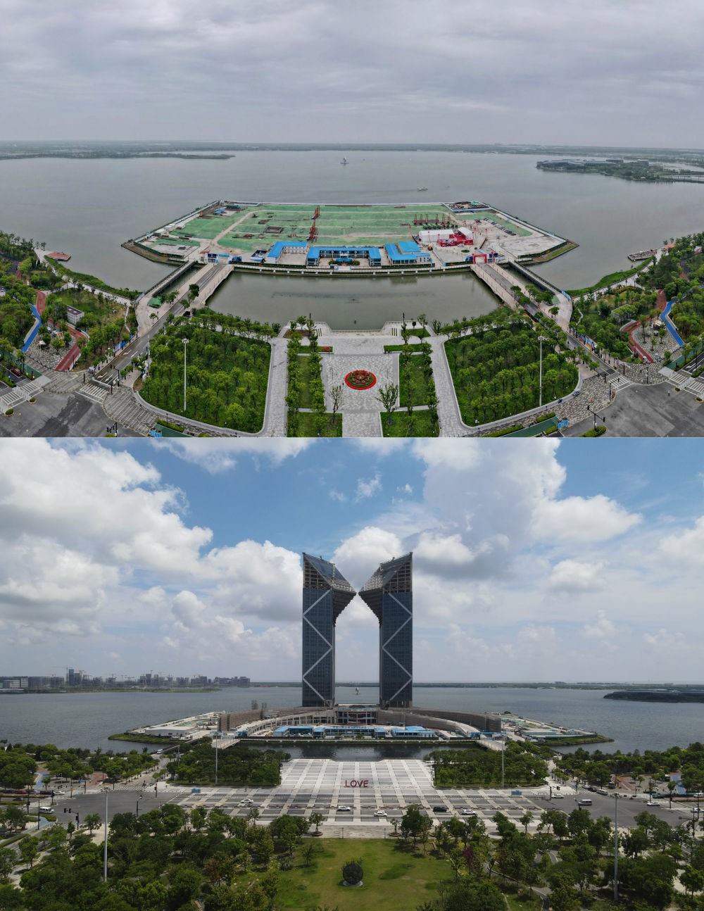 拼版照片：空中俯瞰中國（上海）自由貿(mào)易試驗區(qū)臨港新片區(qū)滴水湖西島中銀金融中心項目現(xiàn)場（上圖為2021年6月20日攝，無人機照片；下圖為2024年8月14日攝，無人機照片）。2019年8月20日，臨港新片區(qū)揭牌成立，一個開放新高地在長江與東海交匯處日益崛起。