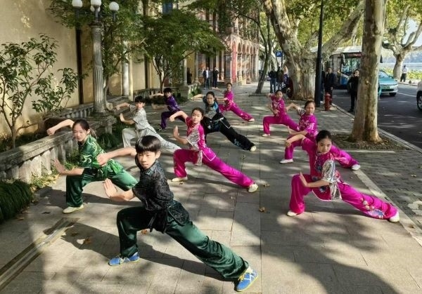 杭州市陳經(jīng)綸體校武術(shù)隊(duì)學(xué)生們展示中華武術(shù)。 人民網(wǎng)記者 楊磊攝