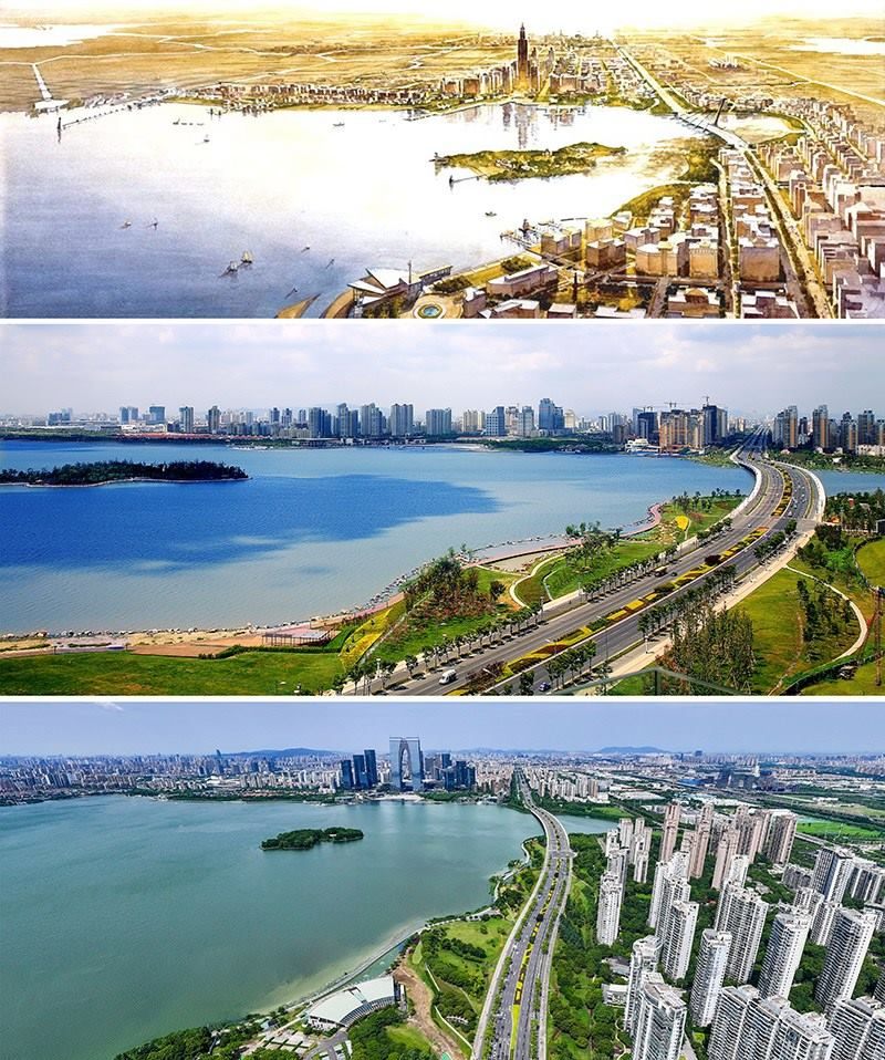 拼版照片：上圖為1994年繪制的蘇州工業(yè)園區(qū)手繪規(guī)劃圖；中圖為2007年拍攝的蘇州工業(yè)園區(qū)；下圖為2023年7月4日用無人機(jī)拍攝的蘇州工業(yè)園區(qū)。