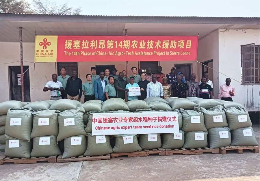 中國援塞拉利昂農(nóng)業(yè)專家組在塞南方省博城舉辦水稻種子捐贈儀式。中國援塞農(nóng)業(yè)專家組供圖