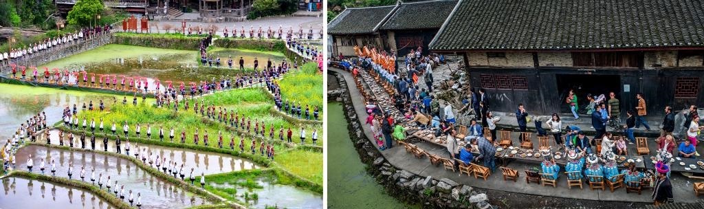 左圖：近期，人們在黎平縣肇興侗寨的田園里演唱侗族大歌（黎平縣委宣傳部供圖）；右圖：這是2023年拍攝的十八洞村長桌宴（湘西州委宣傳部供圖）。