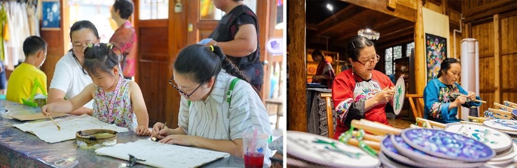 左圖：近期，游客在黎平縣肇興侗寨體驗非遺蠟染藝術(shù)（黎平縣委宣傳部供圖）；右圖：這是2024年拍攝的繡娘在十八洞村梨子寨苗繡鄉(xiāng)村振興示范基地制作苗繡產(chǎn)品（湘西州委宣傳部供圖）。
