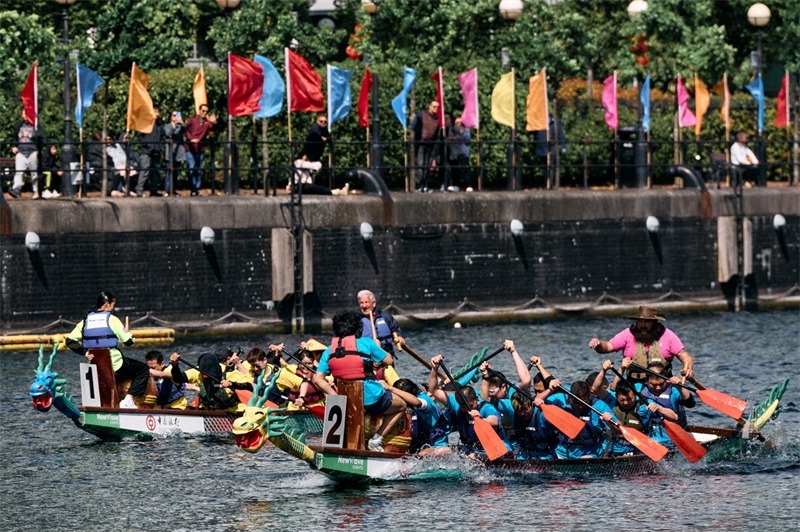 中英雙方的參賽隊(duì)伍參與龍舟競(jìng)渡。楊浩鵬攝